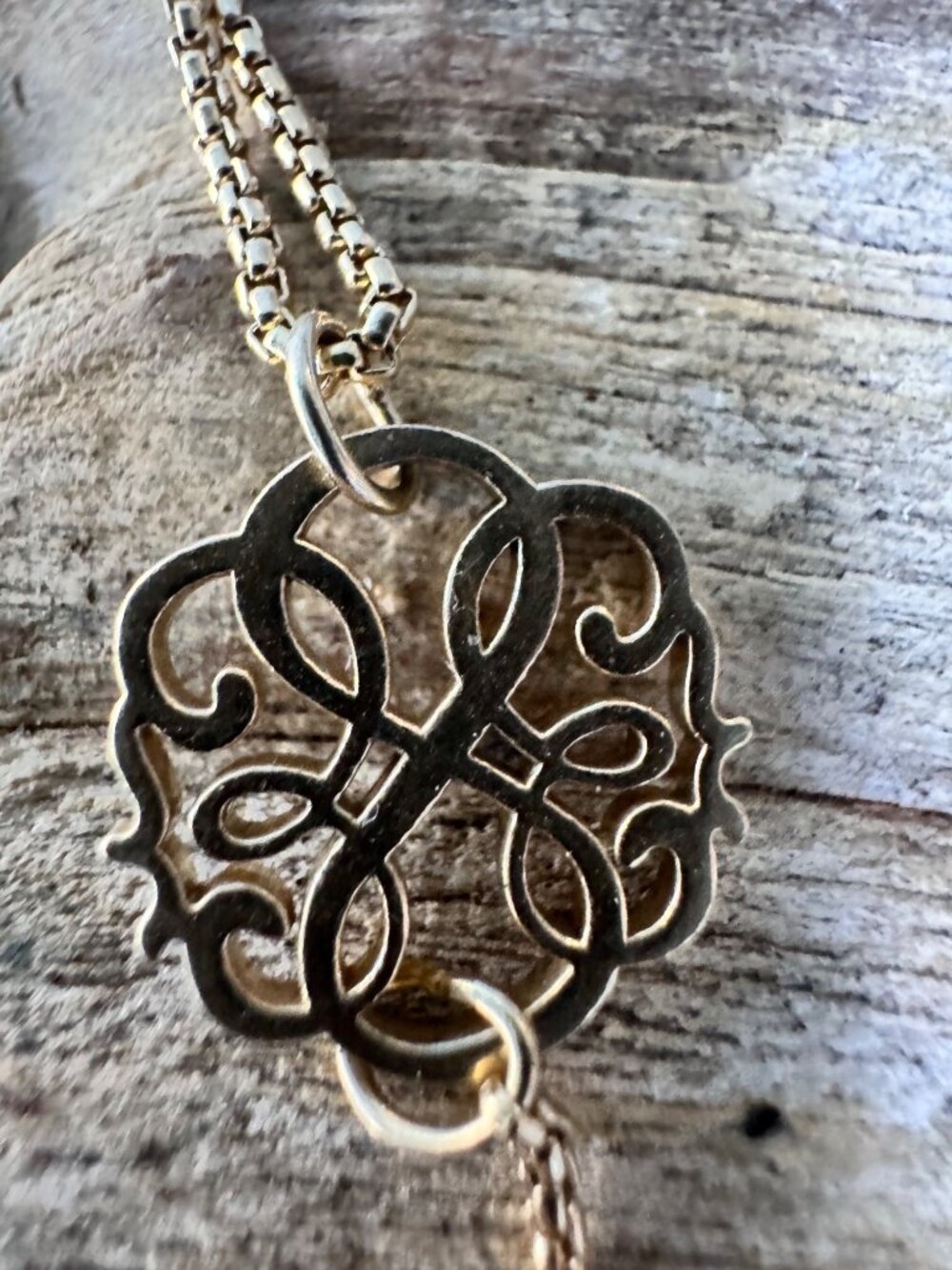 Alex and Ani Gold Tone Slider Necklace Filigree Monogram Charm Adjustable - Picture 2 of 9